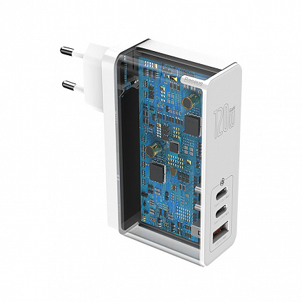 Зарядное устройство сетевое с USB и двумя Type-C входами 5А 120W и Type-C кабелем Baseus GaN2 Pro (быстрая зарядка QC, PD) белое