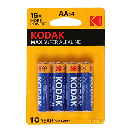 Батарейка LR6 Alkaline (пальчиковая большая AA) Kodak MAX упаковка 4 шт.