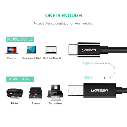 Кабель Type-C - USB B для подключения принтера или сканера 2 м Ugreen US241 черный