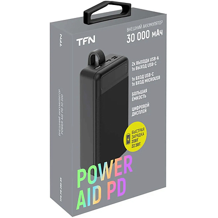 Внешний аккумулятор TFN PowerAid 30000мАч (Type-C, microUSB, USB, ток 4.5А, быстрая зарядка PD, QC 22.5Вт) черный