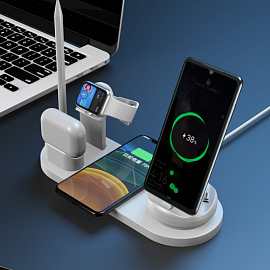 Беспроводная зарядка 7-в-1 для двух телефонов, Apple Watch, AirPods и Apple Pencil 10W c двумя USB портами SeenDa WS15 белая
