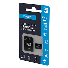 Карта памяти Maxvi MSD32GBC10V30 MicroSDXC 32Gb Class 10 UHS-I V30 с адаптером SD Карта памяти Maxvi MSD32GBC10V30 MicroSDXC 32Gb Class 10 UHS-I V30 с адаптером SD