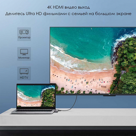 Переходник Dual Type-C - HDMI 4K 60Hz, 2 х USB 3.0, Gigabit Ethernet, 2 х Type-C PD 100W Ugreen CM218 серый