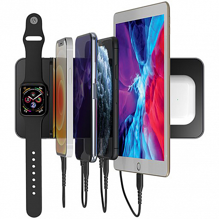 Зарядное устройство 6-в-1 для четырех телефонов, Apple Watch и AirPods Prestigio ReVolt A6 (быстрая зарядка) серое