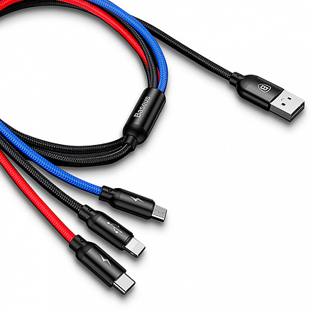 Кабель USB - MicroUSB, Lightning, Type-C 1,2 м 3.5A плетеный Baseus Three colors черно-сине-красный
