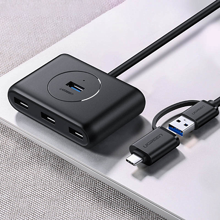 USB 3.0 + Type-C HUB (разветвитель) на 4 порта Ugreen CR113 длина 1 м с питанием MicroUSB черный