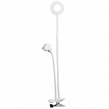 Кольцевая лампа и держатель для телефона с гибкими ножками на прищепке Handy белая