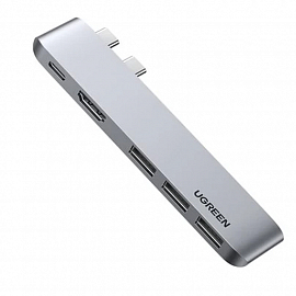 Переходник Dual Type-C - HDMI 4K@30Hz, 3 х USB 3.0, Type-C (Thunderbolt 3) Ugreen CM251 серый