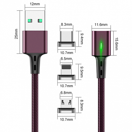 Кабель USB - MicroUSB, Lightning, Type-C 1 м 3A со сменными штекерами магнитный Elough (быстрая зарядка) бордовый