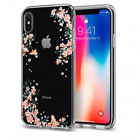 Чехол для iPhone X гелевый ультратонкий Spigen SGP Liquid Crystal Blossom & Birds прозрачный