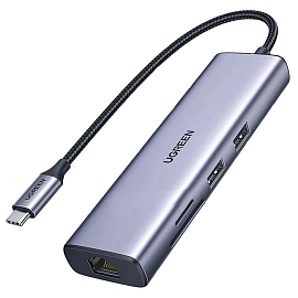 Переходник Type-C - USB 3.0, HDMI 4K, RJ45, SD, microSD, PD 100W Ugreen CM512 серый