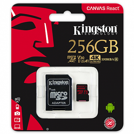 Карта памяти Kingston Canvas React MicroSDXC 256Gb для 4К UHS-I U3 V30 100 Мб/с с адаптером SD