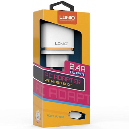 Зарядное устройство сетевое с двумя USB входами 2.4А и Lightning кабелем Ldnio DL-AC52 белое