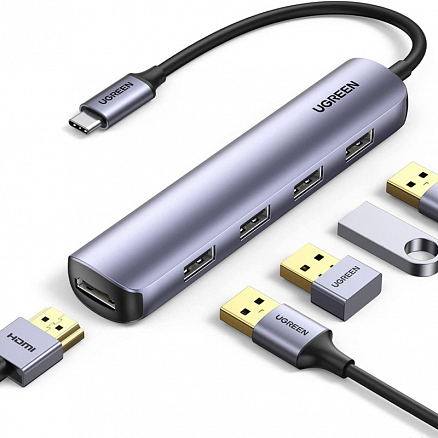 Хаб (разветвитель) Type-C - HDMI 4K 30Hz, 4 х USB 3.0 Ugreen CM417 серый