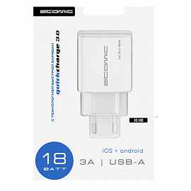 Зарядное устройство сетевое с USB входом Atomic U150 (быстрая зарядка QC 3.0) белое