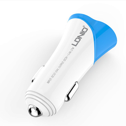 Зарядное устройство автомобильное с двумя USB входами 3.4A и Lightning кабелем Ldnio С332 бело-синее