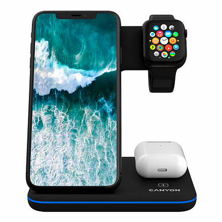 Беспроводная зарядка 3-в-1 для телефона, Apple Watch и AirPods 15W Canyon WS-303 (быстрая зарядка) черная