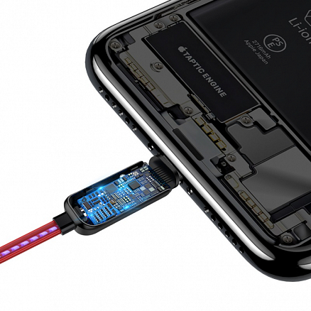 Кабель USB - Lightning для зарядки iPhone 1 м 2.4А плоский с подсветкой Baseus Glowing красный
