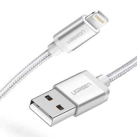 Кабель USB - Lightning для зарядки iPhone 2 м MFi плетеный Ugreen US199 (быстрая зарядка) серебристый