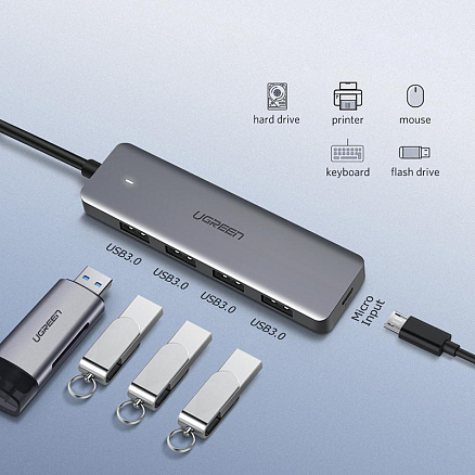 USB 3.0 HUB (разветвитель) на 4 порта Ugreen CM219 с питанием Type-C серый