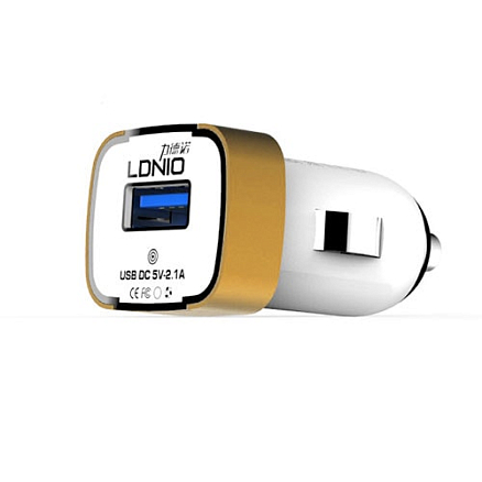 Зарядное устройство автомобильное с USB входом 2.1A и MicroUSB кабелем Ldnio DL-211 бело-золотистое