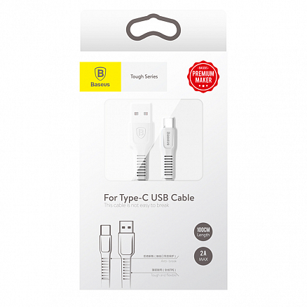 Кабель USB - Type-C для зарядки 1 м 2А плоский Baseus Tough белый