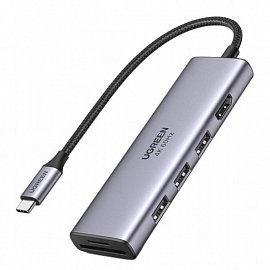 Переходник Type-C - HDMI 4K 30Hz, 3 х USB 3.0 с картридером SD и MicroSD Ugreen CM511 серый