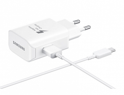 Зарядное устройство сетевое с USB входом и Type-C кабелем 2.1A Samsung EP-TA300 (быстрая зарядка) оригинальное белое
