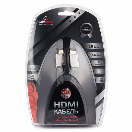 Кабель HDMI - HDMI (папа - папа) длина 1 м версия 2.0 4K 60Hz плетеный Cablexpert черный