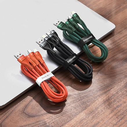 Кабель USB - Lightning, MicroUSB, Type-C 1,2 м 5A 40W плетеный Baseus Flash (быстрая зарядка) оранжевый 