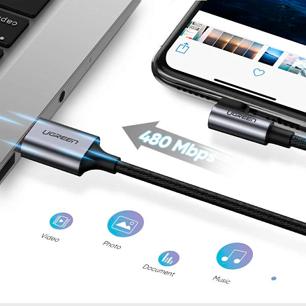 Кабель USB - Lightning для зарядки iPhone 2 м 2.4А MFi с угловым Lightning плетеный Ugreen US299 черный