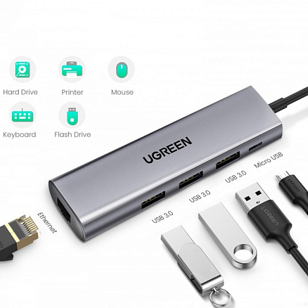 USB 3.0 HUB (разветвитель) на 3 порта + Gigabit Ethernet Ugreen CM266 с питанием MicroUSB черный
