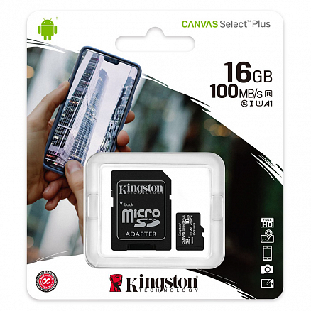 Карта памяти Kingston Canvas Select Plus MicroSDHC 16Gb UHS-I U1 V10 100 Мб/с с адаптером SD