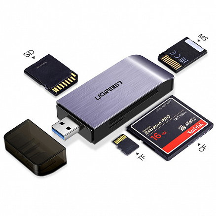 Картридер USB 3.0 для SD, MicroSD, CF и MS Ugreen CM180 серо-черный