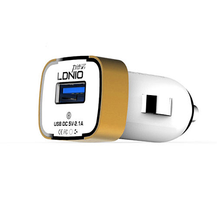 Зарядное устройство автомобильное с USB входом 2.1A и Lightning кабелем Ldnio DL-211 бело-золотистое