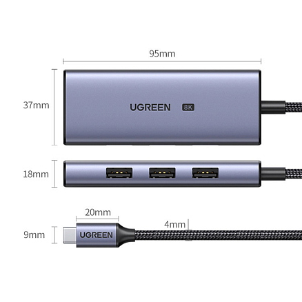 Переходник Type-C - HDMI 8K 30Hz, 3 х USB 3.0 Ugreen CM500 серый
