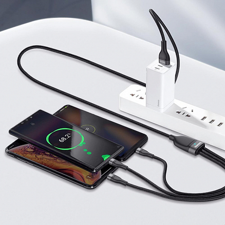 Кабель USB - Lightning, MicroUSB, Type-C 1,2 м 5A 66W плетеный Baseus Flash (быстрая зарядка) черный 