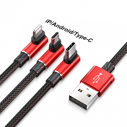 Кабель USB - MicroUSB, Lightning, Type-C 1,2 м 3.5A плетеный с угловыми штекерами Baseus MVP черно-красный