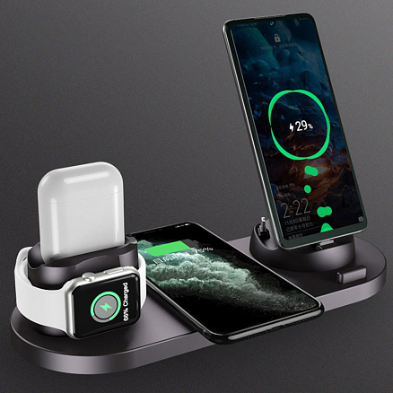 Беспроводная зарядка 6-в-1 для двух телефонов, Apple Watch, AirPods 10W c двумя USB портами SeenDa WS5 черная