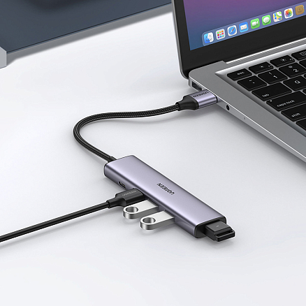 USB 3.0 HUB (разветвитель) на 4 порта USB 3.0 Ugreen CM473 с питанием Type-C серый