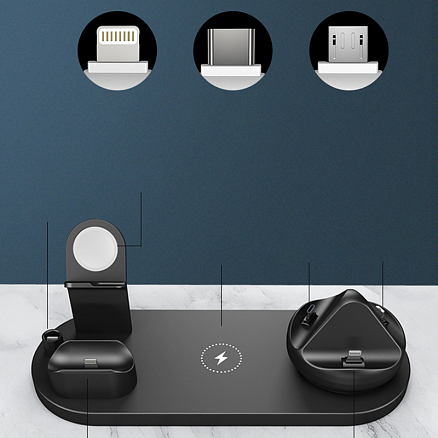 Беспроводная зарядка 7-в-1 для двух телефонов, Apple Watch, AirPods и Apple Pencil 10W c двумя USB портами SeenDa WS15 черная