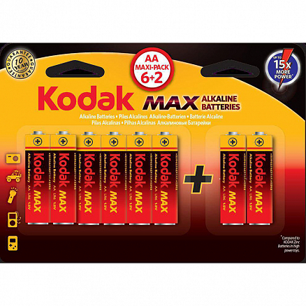 Батарейка LR6 Alkaline (пальчиковая большая AA) Kodak MAX упаковка 8 шт.