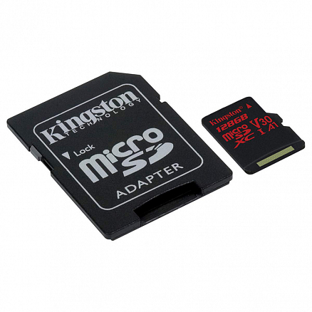 Карта памяти Kingston Canvas React MicroSDXC 128Gb для 4К UHS-I U3 V30 100 Мб/с с адаптером SD