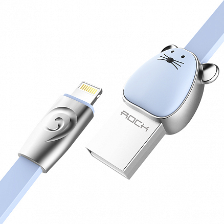 Кабель USB - Lightning для зарядки iPhone 1 м 2.4А плоский Rock Zodiac Mouse голубой