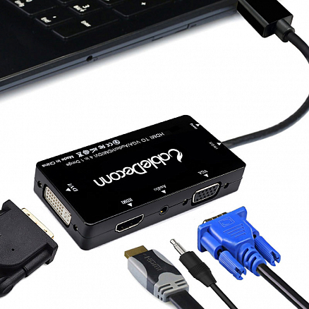 Переходник HDMI - HDMI, DVI, VGA, 3,5 мм (папа - мама) с питанием MicroUSB черный