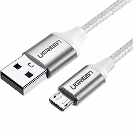 Кабель USB - MicroUSB для зарядки 2 м 2.4А 18W плетеный Ugreen US290 (быстрая зарядка QC 3.0) серебристый
