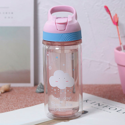 Бутылка для воды с трубочкой Korean Trendy Cup Snowflake 400 мл розовая