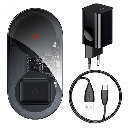 Беспроводная зарядка 2-в-1 для телефона и AirPods Baseus Simple Turbo (быстрая зарядка) черная