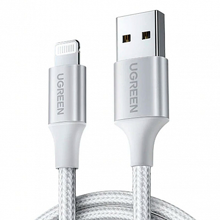 Кабель USB - Lightning для зарядки iPhone 2 м 2.4А MFi плетеный Ugreen US291 серебристый