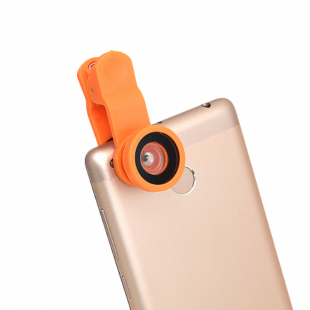 Объектив для телефона универсальный 3-в-1: Fisheye, Wide-Angle, Macro на прищепке оранжевый